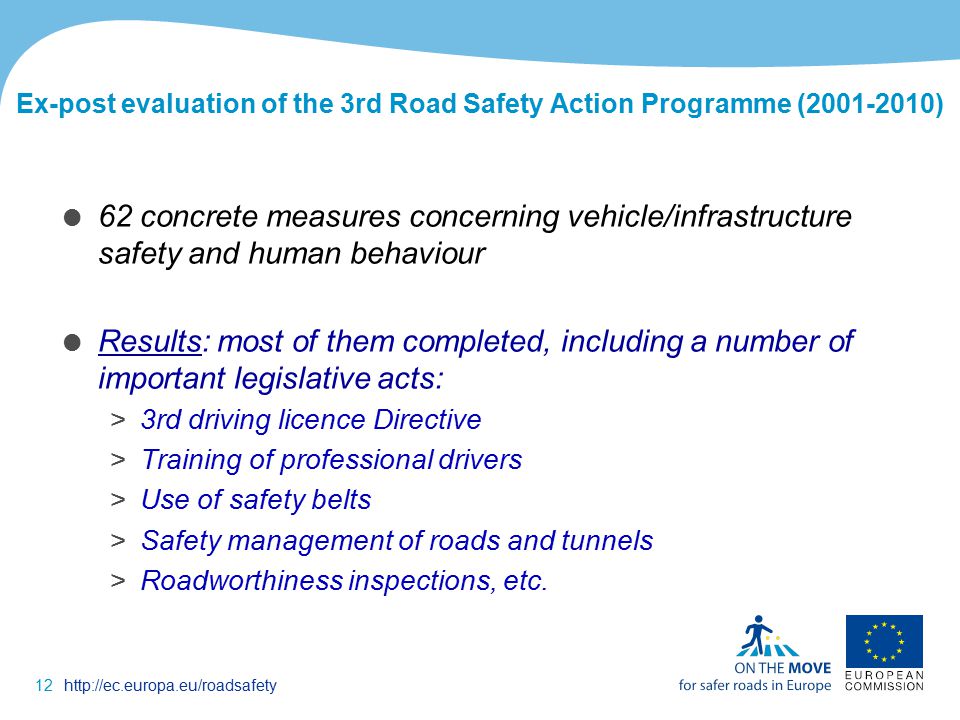 12http://ec.europa.eu/roadsafety Ex-post evaluation of the 3rd Road Safety Action Programme ( )  62 concrete measures concerning vehicle/infrastructure safety and human behaviour  Results: most of them completed, including a number of important legislative acts: >3rd driving licence Directive >Training of professional drivers >Use of safety belts >Safety management of roads and tunnels >Roadworthiness inspections, etc.