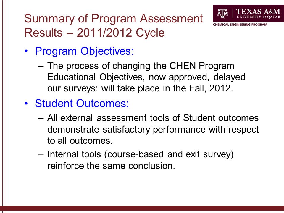 Summary of Program Assessment Results – 2011/2012 Cycle Program Objectives: –The process of changing the CHEN Program Educational Objectives, now approved, delayed our surveys: will take place in the Fall, 2012.