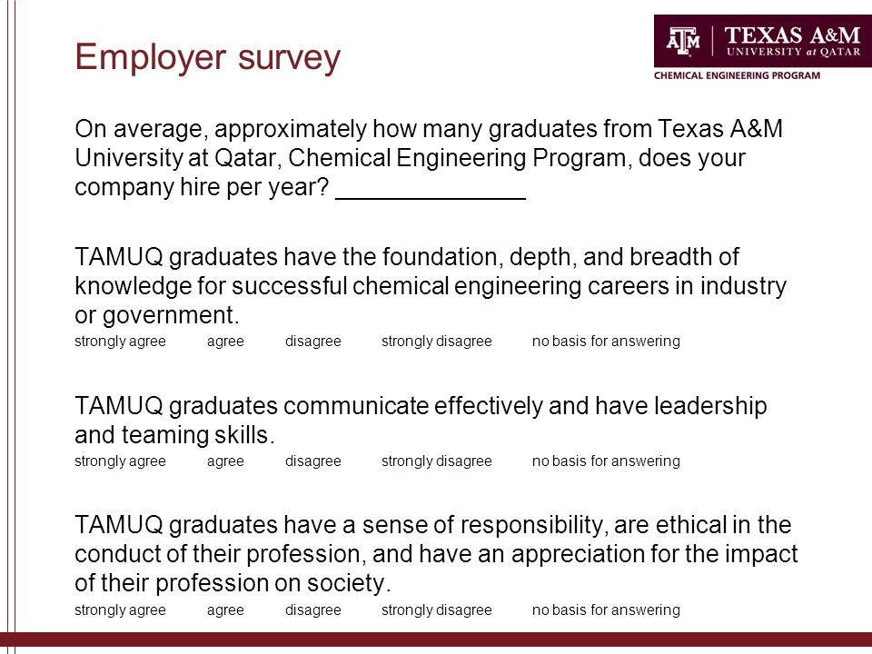 Employer survey On average, approximately how many graduates from Texas A&M University at Qatar, Chemical Engineering Program, does your company hire per year.