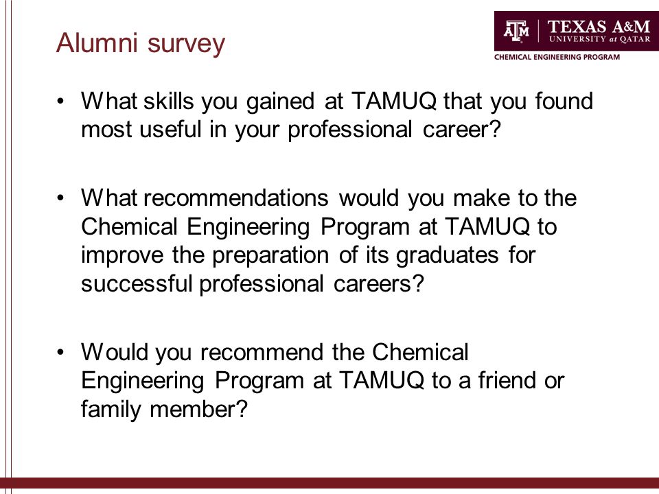 Alumni survey What skills you gained at TAMUQ that you found most useful in your professional career.