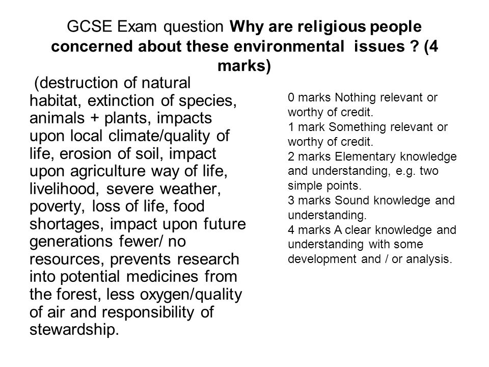 GCSE Exam question Why are religious people concerned about these environmental issues .