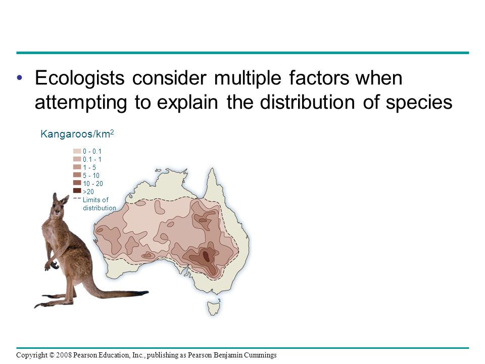 Copyright © 2008 Pearson Education, Inc., publishing as Pearson Benjamin Cummings Ecologists consider multiple factors when attempting to explain the distribution of species Kangaroos/km >20 Limits of distribution