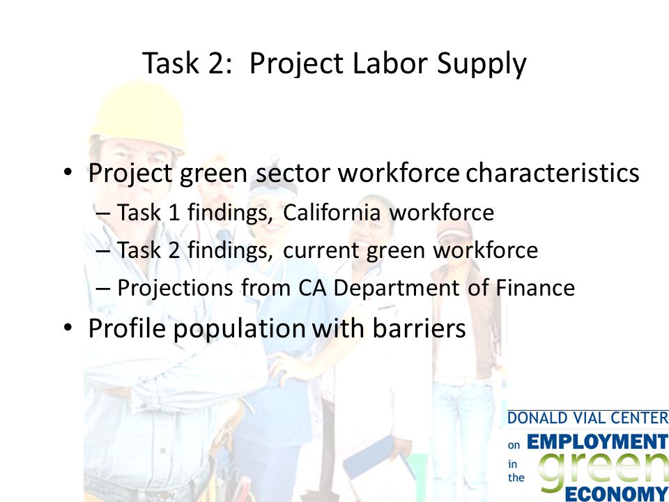 Task 2: Project Labor Supply Project green sector workforce characteristics – Task 1 findings, California workforce – Task 2 findings, current green workforce – Projections from CA Department of Finance Profile population with barriers