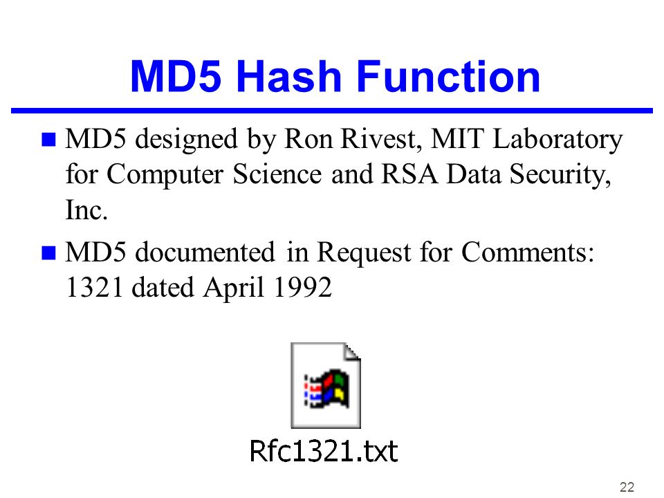 22 MD5 Hash Function MD5 designed by Ron Rivest, MIT Laboratory for Computer Science and RSA Data Security, Inc.