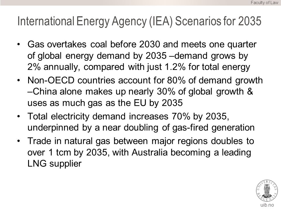 uib.no International Energy Agency (IEA) Scenarios for 2035 Gas overtakes coal before 2030 and meets one quarter of global energy demand by 2035 –demand grows by 2% annually, compared with just 1.2% for total energy Non-OECD countries account for 80% of demand growth –China alone makes up nearly 30% of global growth & uses as much gas as the EU by 2035 Total electricity demand increases 70% by 2035, underpinned by a near doubling of gas-fired generation Trade in natural gas between major regions doubles to over 1 tcm by 2035, with Australia becoming a leading LNG supplier Faculty of Law