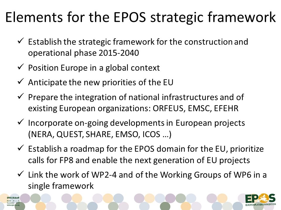 Elements for the EPOS strategic framework Establish the strategic framework for the construction and operational phase Position Europe in a global context Anticipate the new priorities of the EU Prepare the integration of national infrastructures and of existing European organizations: ORFEUS, EMSC, EFEHR Incorporate on-going developments in European projects (NERA, QUEST, SHARE, EMSO, ICOS …) Establish a roadmap for the EPOS domain for the EU, prioritize calls for FP8 and enable the next generation of EU projects Link the work of WP2-4 and of the Working Groups of WP6 in a single framework