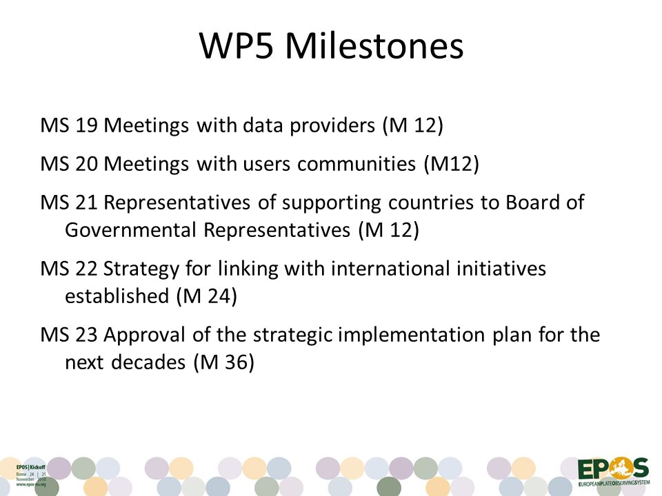 WP5 Milestones MS 19 Meetings with data providers (M 12) MS 20 Meetings with users communities (M12) MS 21 Representatives of supporting countries to Board of Governmental Representatives (M 12) MS 22 Strategy for linking with international initiatives established (M 24) MS 23 Approval of the strategic implementation plan for the next decades (M 36)