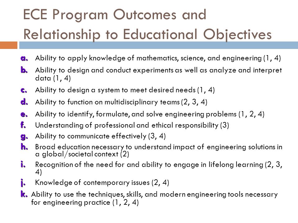 ECE Program Outcomes and Relationship to Educational Objectives a.