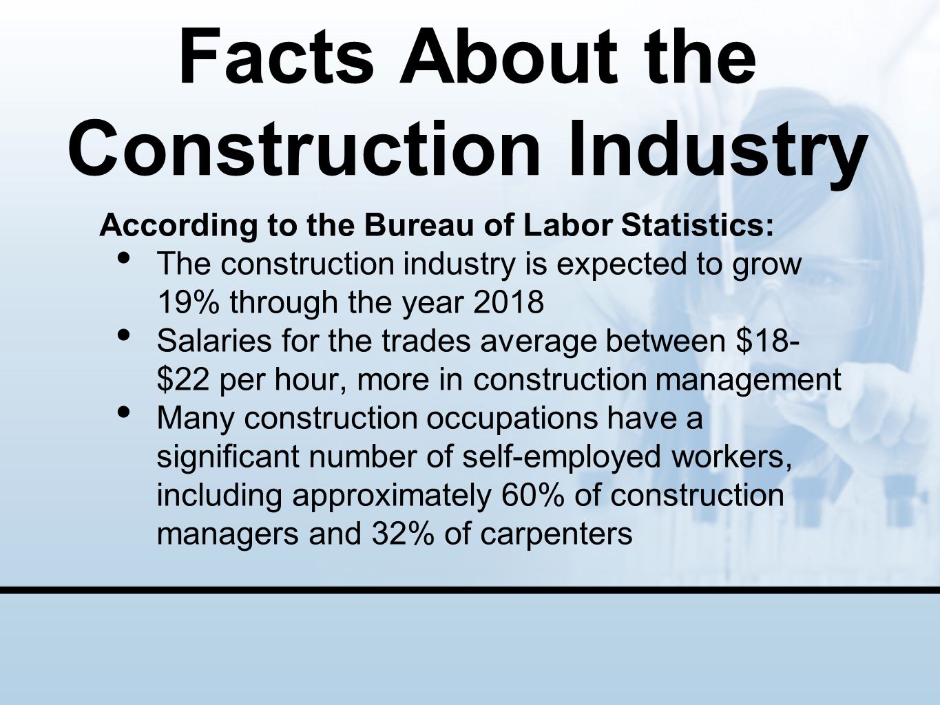 Facts About the Construction Industry According to the Bureau of Labor Statistics: The construction industry is expected to grow 19% through the year 2018 Salaries for the trades average between $18- $22 per hour, more in construction management Many construction occupations have a significant number of self-employed workers, including approximately 60% of construction managers and 32% of carpenters