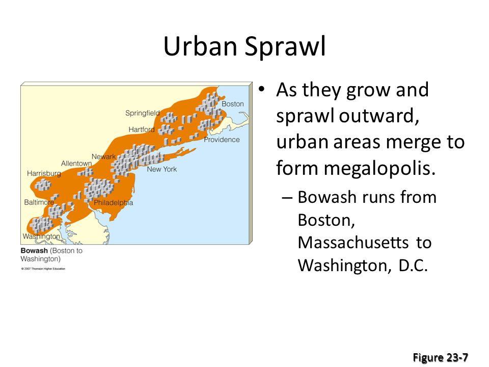 Urban Sprawl As they grow and sprawl outward, urban areas merge to form megalopolis.