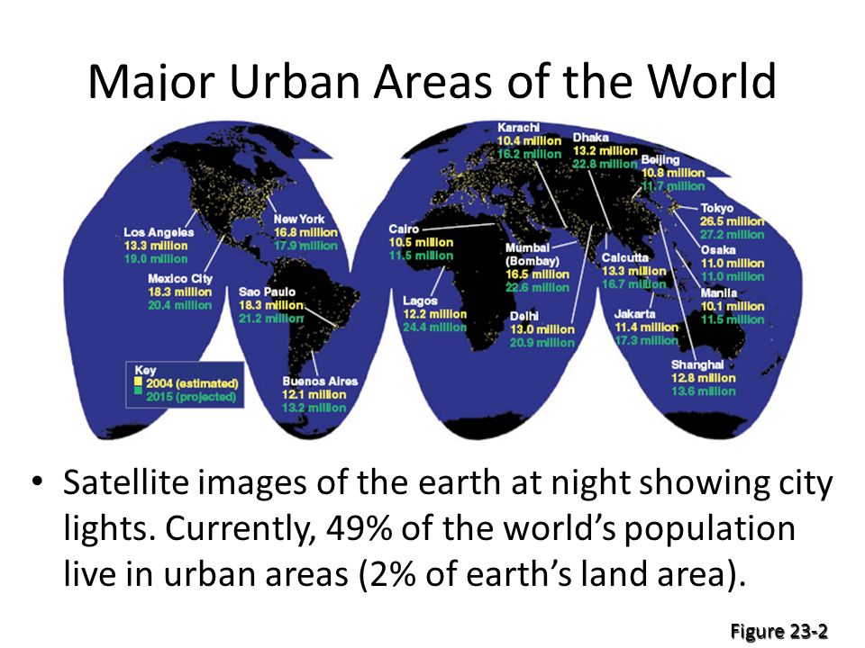 Major Urban Areas of the World Satellite images of the earth at night showing city lights.