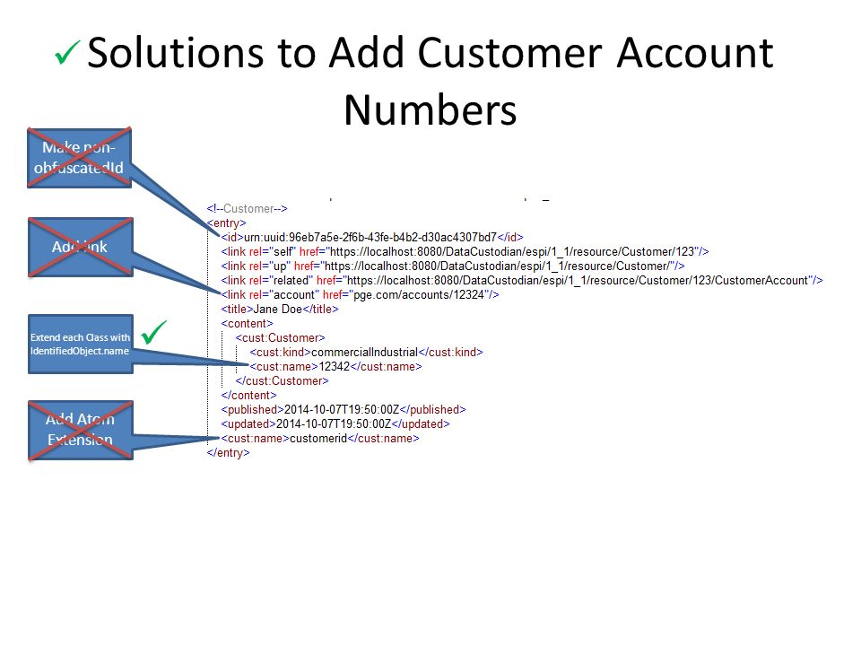 Solutions to Add Customer Account Numbers Add link Add Atom Extension Extend each Class with IdentifiedObject.name Make non- obfuscatedId