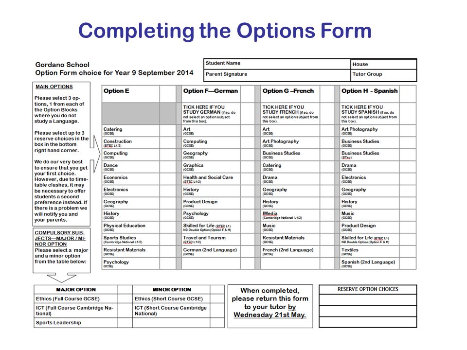 Completing the Options Form