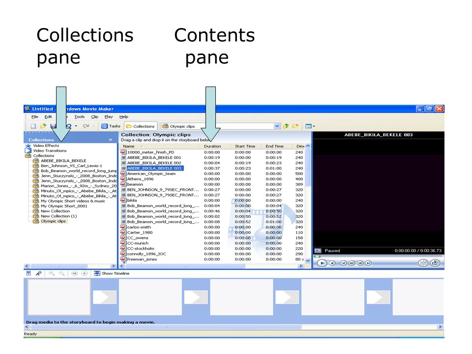 Collections Contents pane pane