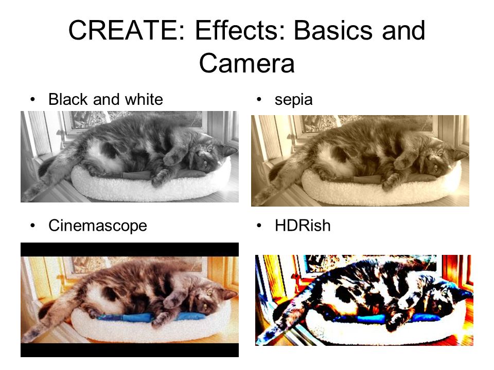 CREATE: Effects: Basics and Camera Black and whitesepia CinemascopeHDRish