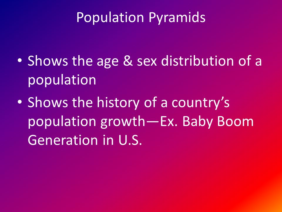Population Pyramids Shows the age & sex distribution of a population Shows the history of a country’s population growth—Ex.