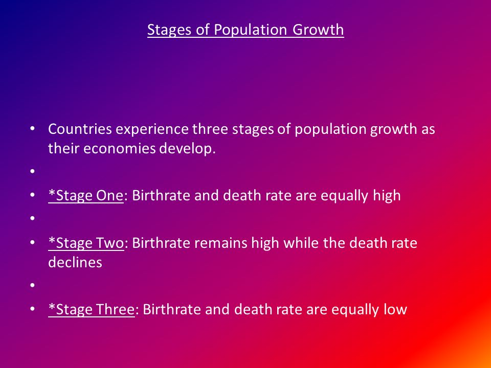Stages of Population Growth Countries experience three stages of population growth as their economies develop.