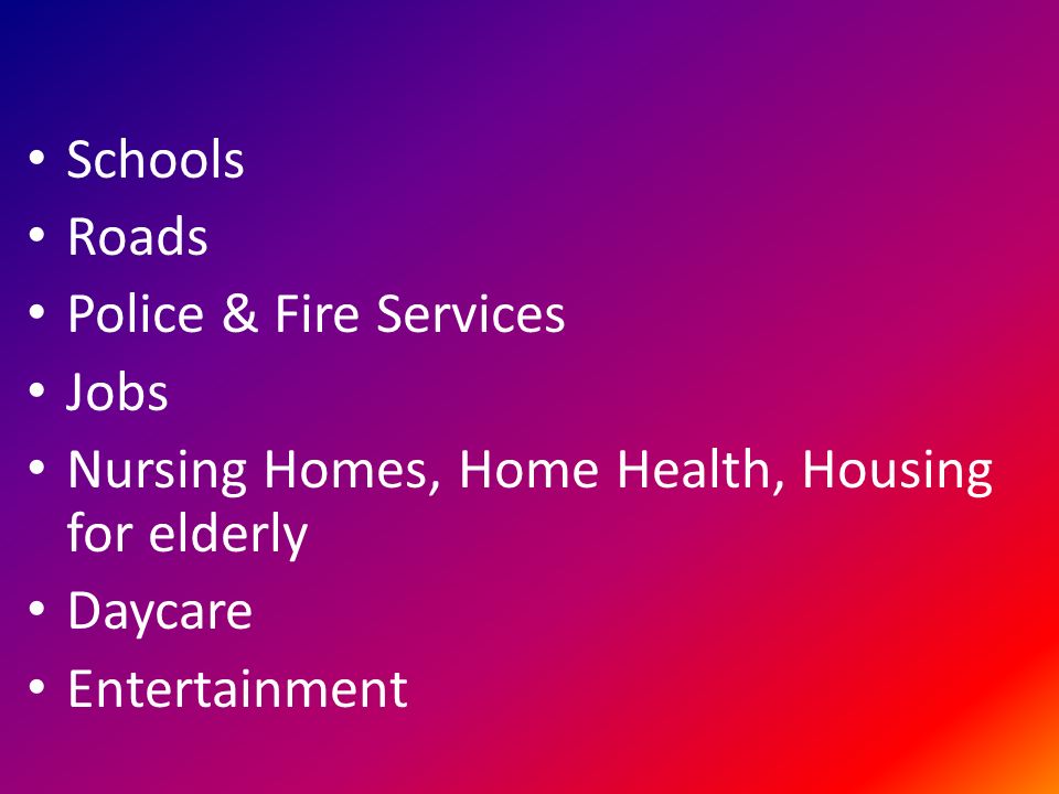 Schools Roads Police & Fire Services Jobs Nursing Homes, Home Health, Housing for elderly Daycare Entertainment