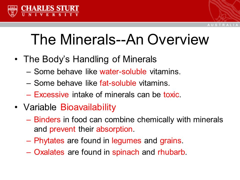 The Minerals--An Overview The Body’s Handling of Minerals –Some behave like water-soluble vitamins.