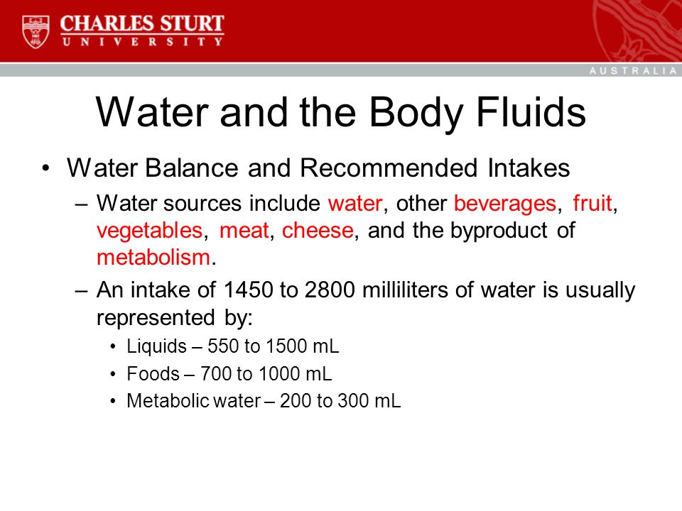 Water and the Body Fluids Water Balance and Recommended Intakes –Water sources include water, other beverages, fruit, vegetables, meat, cheese, and the byproduct of metabolism.