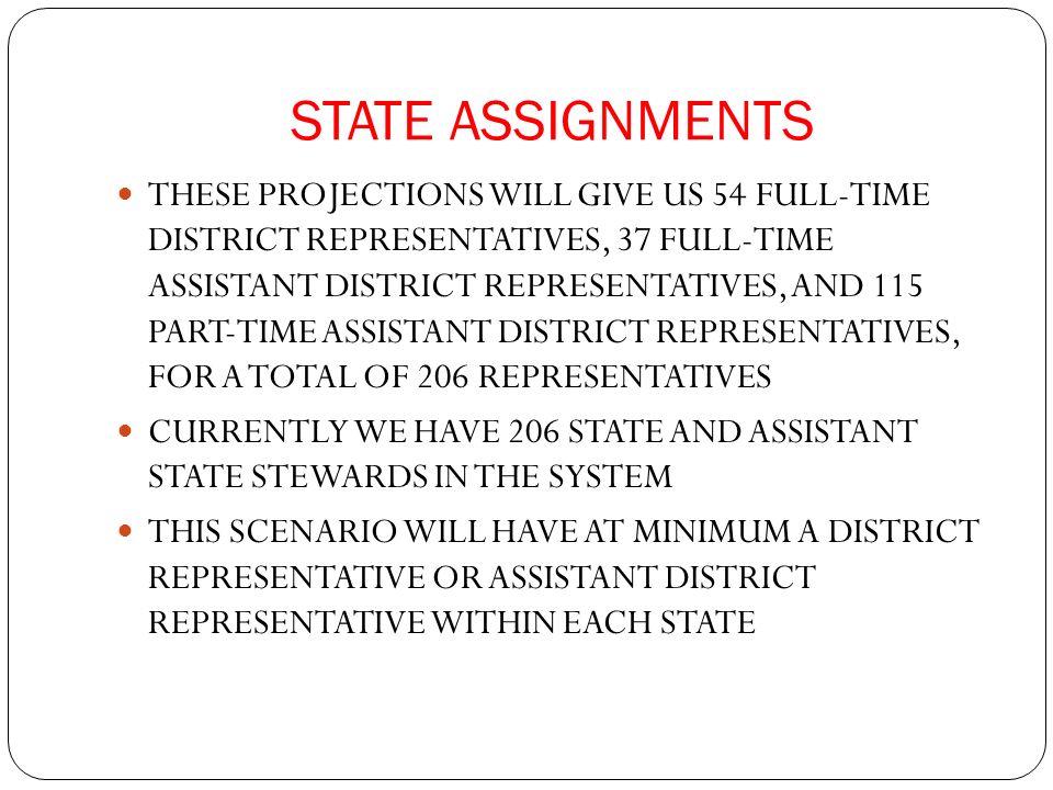 STATE ASSIGNMENTS THESE PROJECTIONS WILL GIVE US 54 FULL-TIME DISTRICT REPRESENTATIVES, 37 FULL-TIME ASSISTANT DISTRICT REPRESENTATIVES, AND 115 PART-TIME ASSISTANT DISTRICT REPRESENTATIVES, FOR A TOTAL OF 206 REPRESENTATIVES CURRENTLY WE HAVE 206 STATE AND ASSISTANT STATE STEWARDS IN THE SYSTEM THIS SCENARIO WILL HAVE AT MINIMUM A DISTRICT REPRESENTATIVE OR ASSISTANT DISTRICT REPRESENTATIVE WITHIN EACH STATE