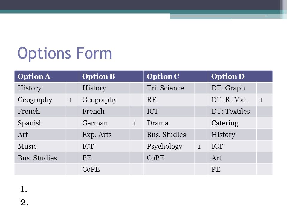 Options Form Option AOption BOption COption D History Tri.