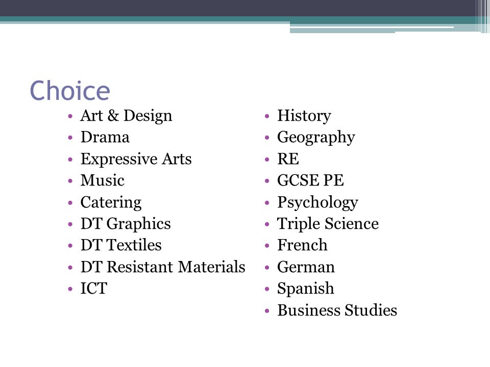 Choice Art & Design Drama Expressive Arts Music Catering DT Graphics DT Textiles DT Resistant Materials ICT History Geography RE GCSE PE Psychology Triple Science French German Spanish Business Studies