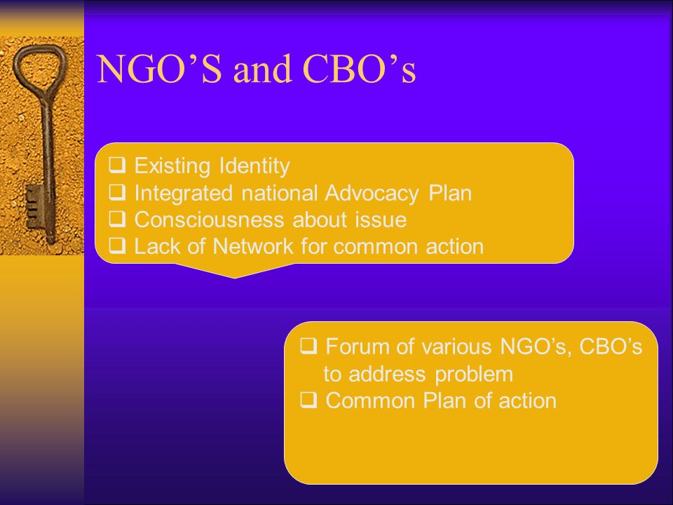 NGO’S and CBO’s  Existing Identity  Integrated national Advocacy Plan  Consciousness about issue  Lack of Network for common action  Forum of various NGO’s, CBO’s to address problem  Common Plan of action