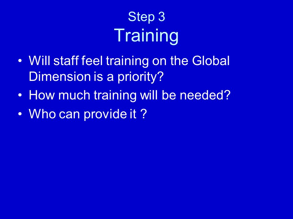 Step 3 Training Will staff feel training on the Global Dimension is a priority.