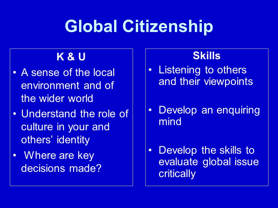 Global Citizenship K & U A sense of the local environment and of the wider world Understand the role of culture in your and others’ identity Where are key decisions made.