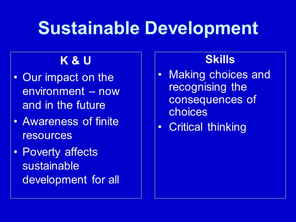 Sustainable Development K & U Our impact on the environment – now and in the future Awareness of finite resources Poverty affects sustainable development for all Skills Making choices and recognising the consequences of choices Critical thinking