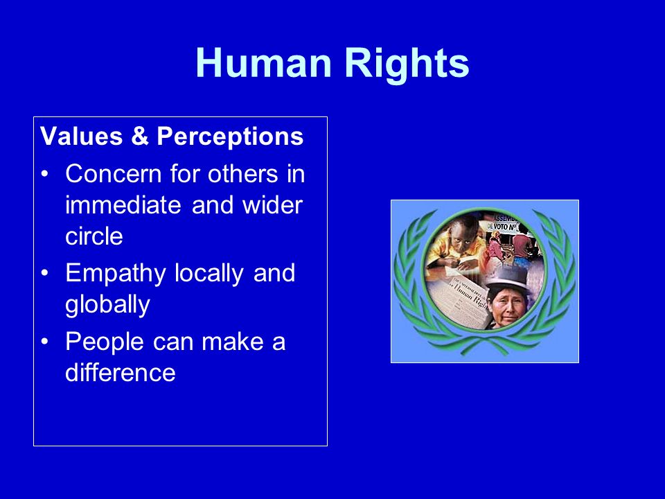 Human Rights Values & Perceptions Concern for others in immediate and wider circle Empathy locally and globally People can make a difference