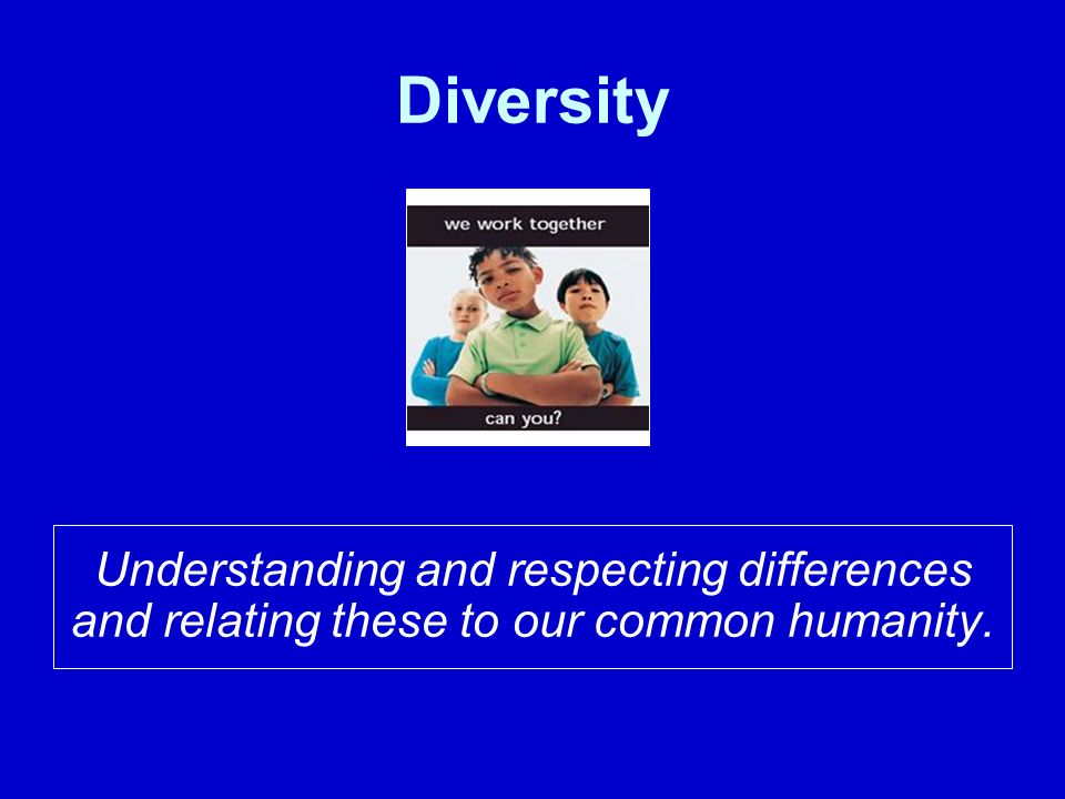 Diversity Understanding and respecting differences and relating these to our common humanity.