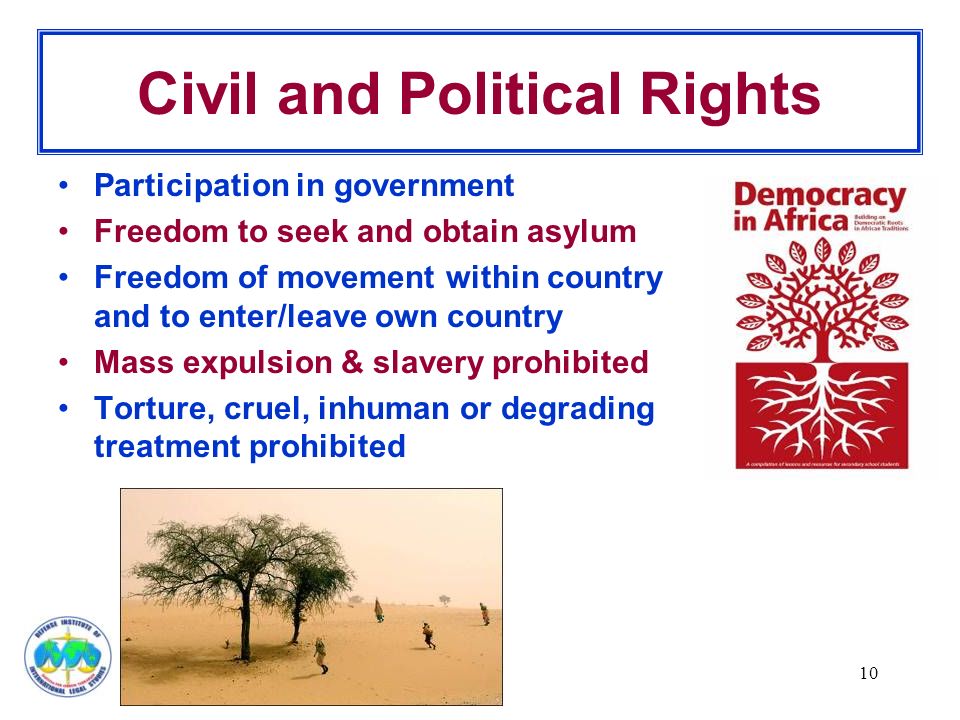 10 Civil and Political Rights Participation in government Freedom to seek and obtain asylum Freedom of movement within country and to enter/leave own country Mass expulsion & slavery prohibited Torture, cruel, inhuman or degrading treatment prohibited