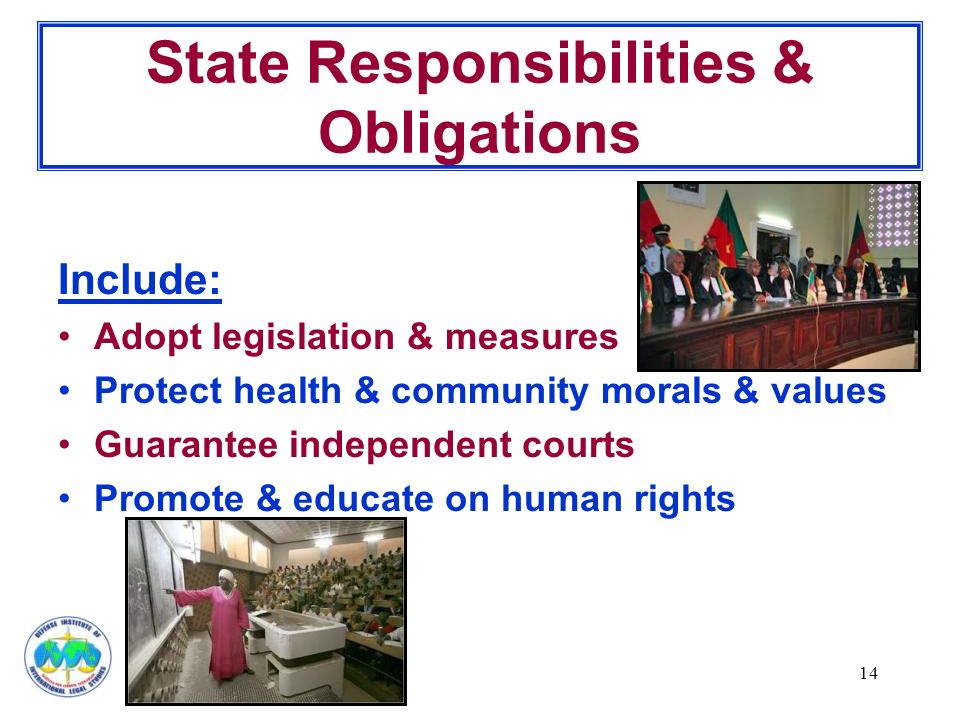 14 State Responsibilities & Obligations Include: Adopt legislation & measures Protect health & community morals & values Guarantee independent courts Promote & educate on human rights