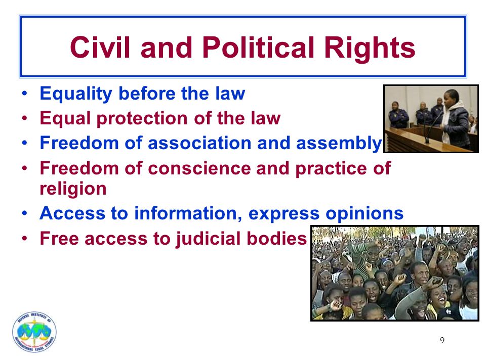 9 Civil and Political Rights Equality before the law Equal protection of the law Freedom of association and assembly Freedom of conscience and practice of religion Access to information, express opinions Free access to judicial bodies