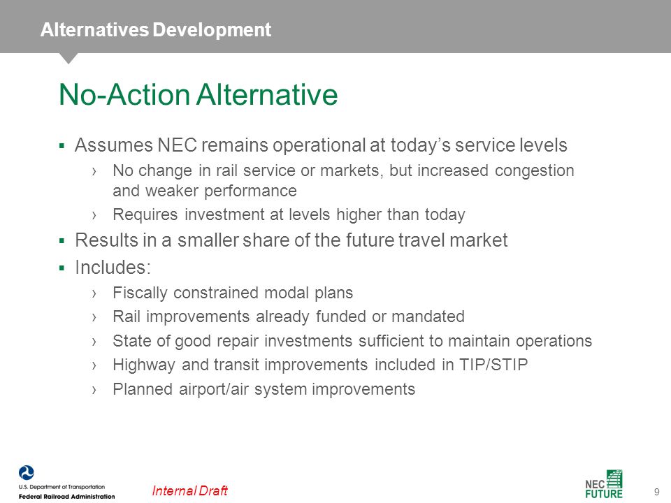 9 Internal Draft  Assumes NEC remains operational at today’s service levels ›No change in rail service or markets, but increased congestion and weaker performance ›Requires investment at levels higher than today  Results in a smaller share of the future travel market  Includes: ›Fiscally constrained modal plans ›Rail improvements already funded or mandated ›State of good repair investments sufficient to maintain operations ›Highway and transit improvements included in TIP/STIP ›Planned airport/air system improvements No-Action Alternative Alternatives Development