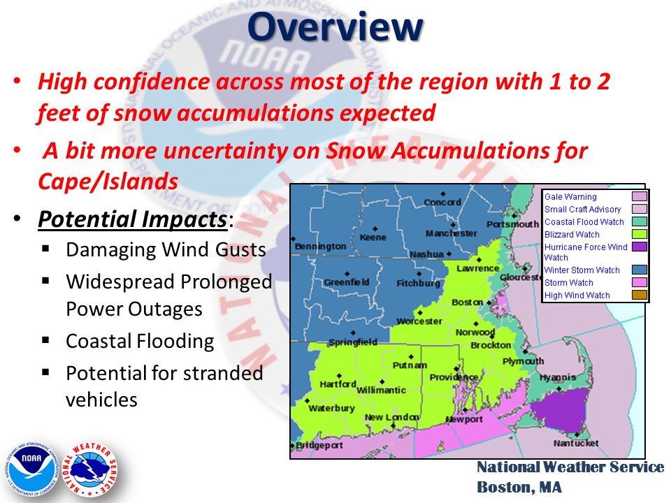 Overview National Weather Service Boston, MA High confidence across most of the region with 1 to 2 feet of snow accumulations expected A bit more uncertainty on Snow Accumulations for Cape/Islands Potential Impacts:  Damaging Wind Gusts  Widespread Prolonged Power Outages  Coastal Flooding  Potential for stranded vehicles