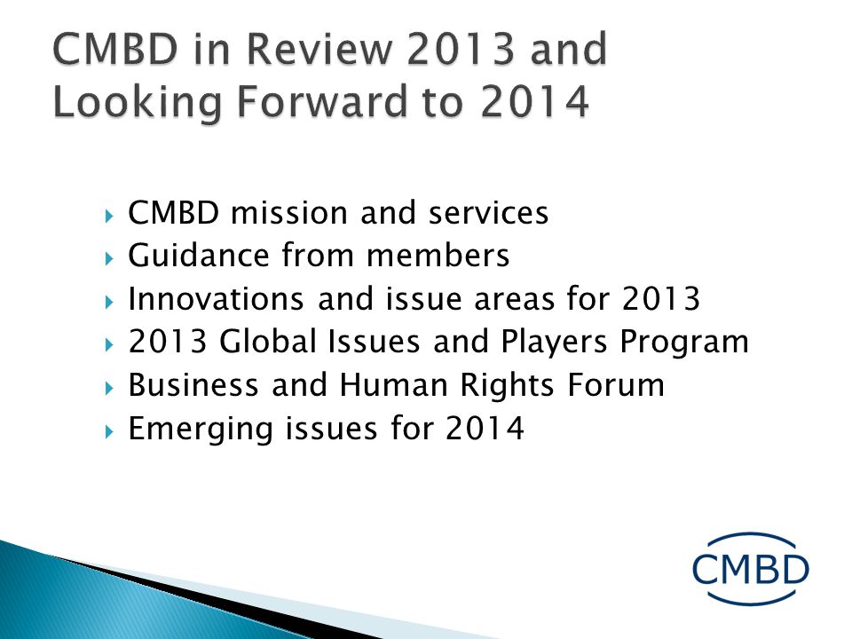  CMBD mission and services  Guidance from members  Innovations and issue areas for 2013  2013 Global Issues and Players Program  Business and Human Rights Forum  Emerging issues for 2014