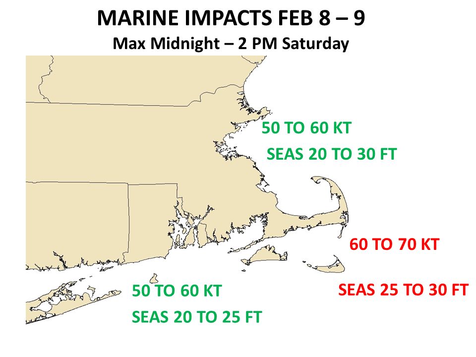 MARINE IMPACTS FEB 8 – 9 Max Midnight – 2 PM Saturday 60 TO 70 KT 50 TO 60 KT SEAS 20 TO 30 FT SEAS 25 TO 30 FT SEAS 20 TO 25 FT