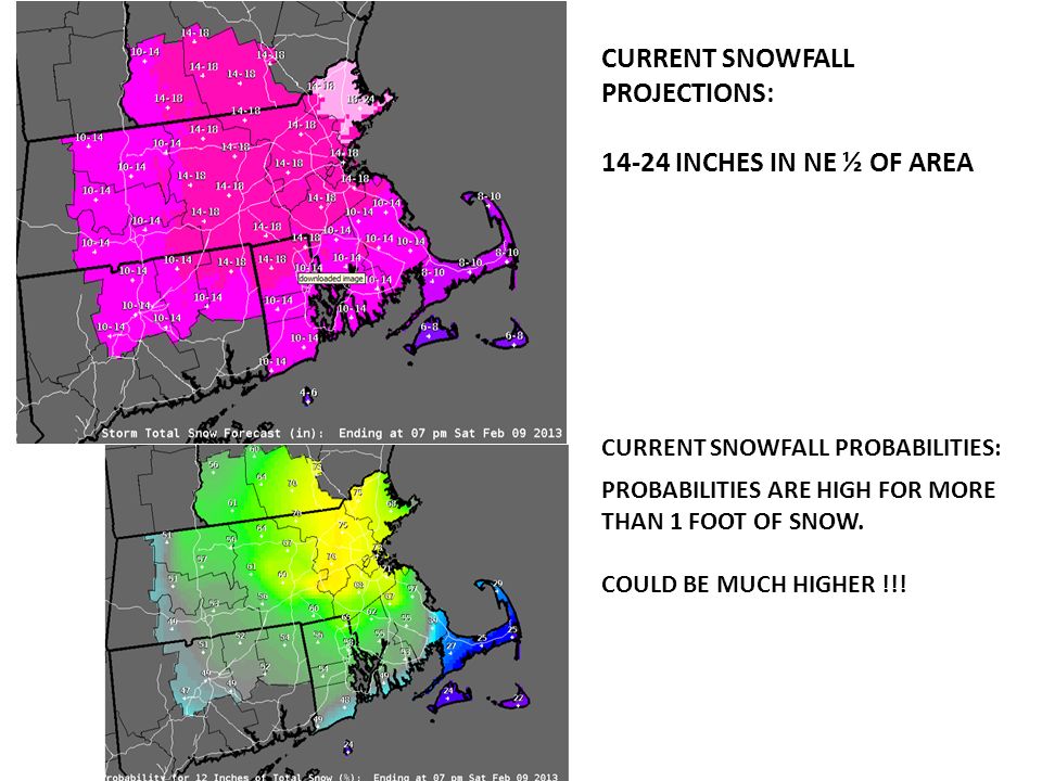 CURRENT SNOWFALL PROJECTIONS: INCHES IN NE ½ OF AREA PROBABILITIES ARE HIGH FOR MORE THAN 1 FOOT OF SNOW.