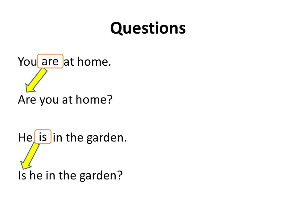 Questions You are at home. Are you at home He is in the garden. Is he in the garden are is