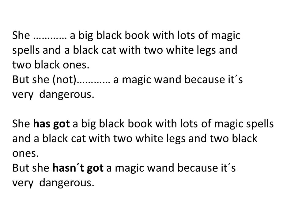 Ex 3 Check your answers She ………… a big black book with lots of magic spells and a black cat with two white legs and two black ones.