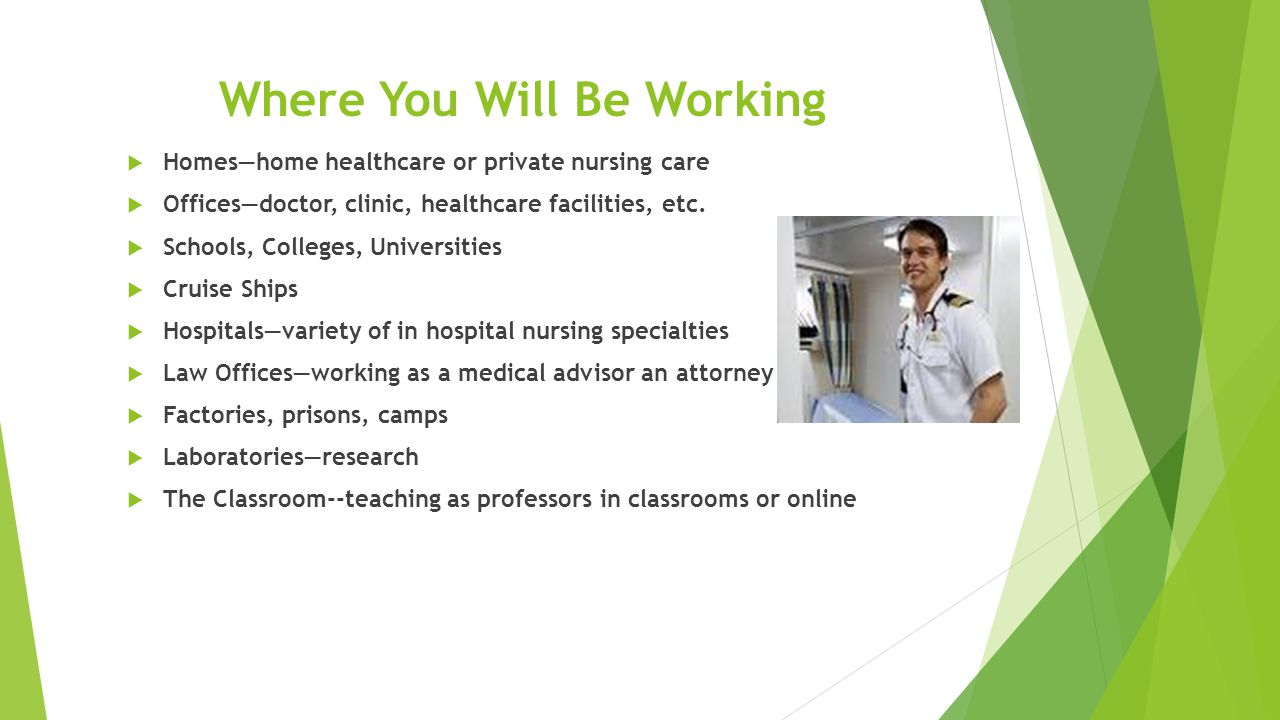 Where You Will Be Working  Homes—home healthcare or private nursing care  Offices—doctor, clinic, healthcare facilities, etc.