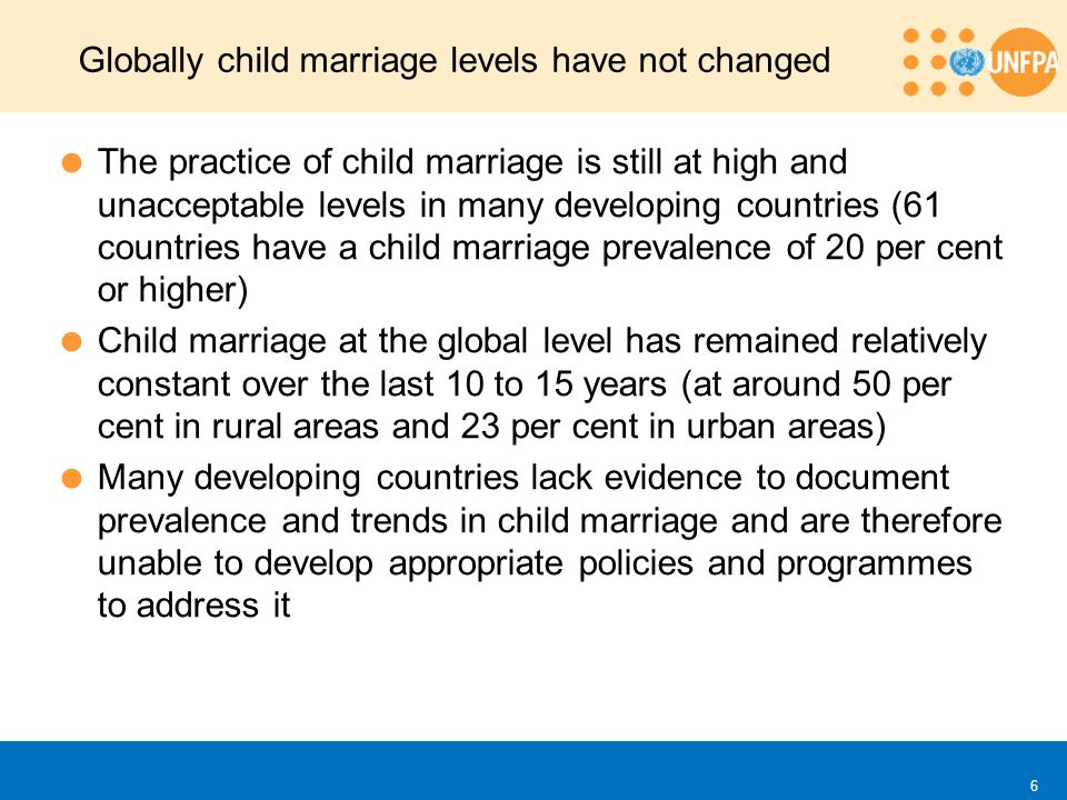  The practice of child marriage is still at high and unacceptable levels in many developing countries (61 countries have a child marriage prevalence of 20 per cent or higher)  Child marriage at the global level has remained relatively constant over the last 10 to 15 years (at around 50 per cent in rural areas and 23 per cent in urban areas)  Many developing countries lack evidence to document prevalence and trends in child marriage and are therefore unable to develop appropriate policies and programmes to address it Globally child marriage levels have not changed 6