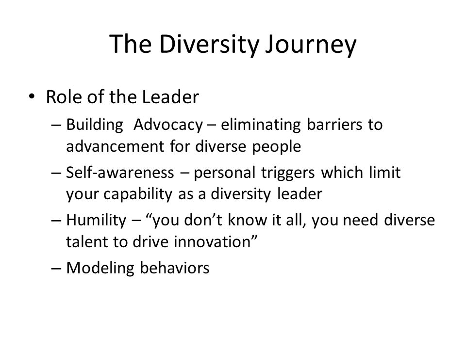 The Diversity Journey Role of the Leader – Building Advocacy – eliminating barriers to advancement for diverse people – Self-awareness – personal triggers which limit your capability as a diversity leader – Humility – you don’t know it all, you need diverse talent to drive innovation – Modeling behaviors