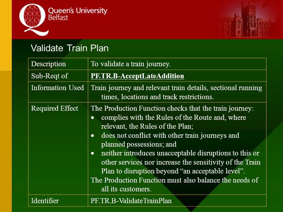 Validate Train Plan DescriptionTo validate a train journey.