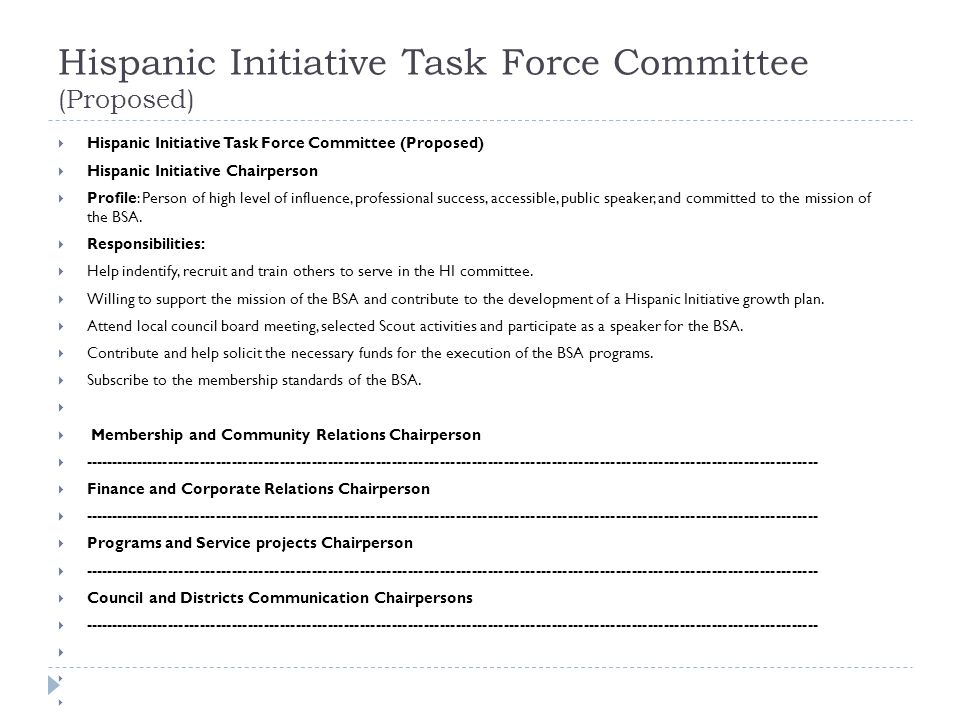 Hispanic Initiative Task Force Committee (Proposed)  Hispanic Initiative Task Force Committee (Proposed)  Hispanic Initiative Chairperson  Profile: Person of high level of influence, professional success, accessible, public speaker, and committed to the mission of the BSA.