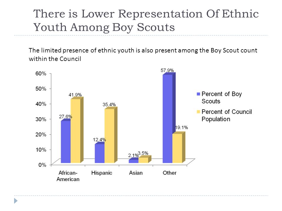 There is Lower Representation Of Ethnic Youth Among Boy Scouts The limited presence of ethnic youth is also present among the Boy Scout count within the Council