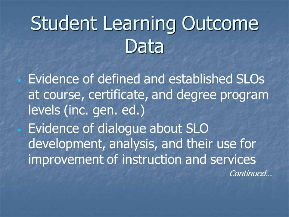   Evidence of defined and established SLOs at course, certificate, and degree program levels (inc.